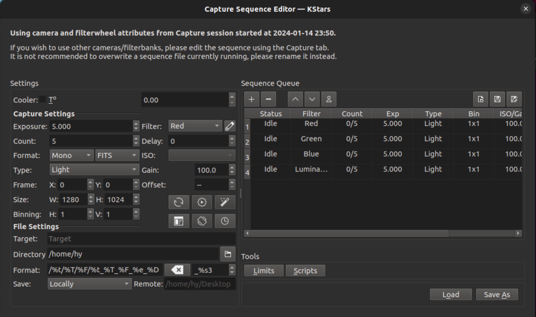 Редактор последовательности Capture в Ekos для построения набора экспозиций
