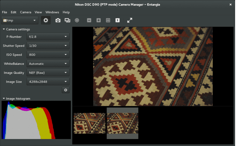 Entangle с Nikon D90, RAW-режимом, гистограммой и серией кадров