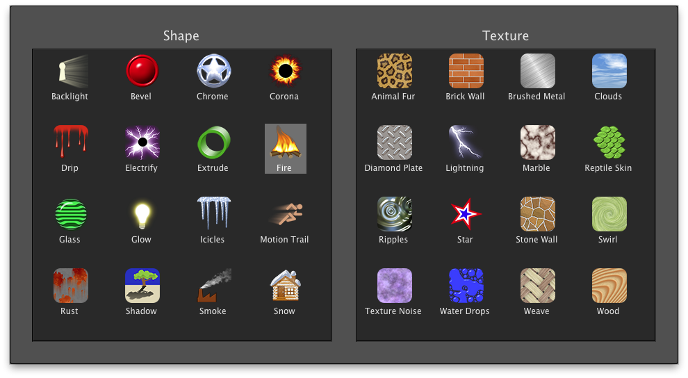 Выбор эффектов Shape и Texture в Eye Candy