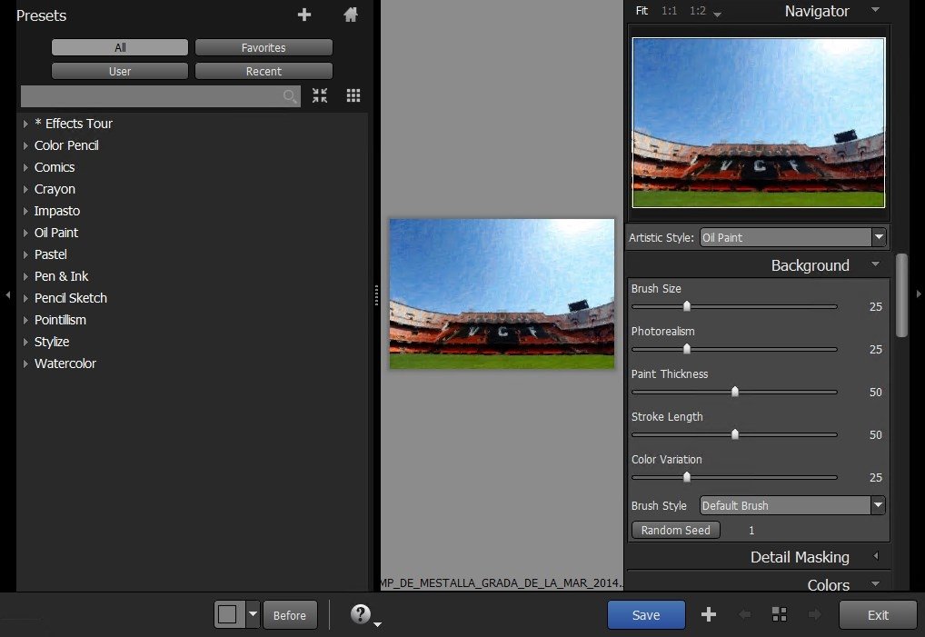 Интерфейс Exposure Software Snap Art с Oil Paint, браузером пресетов и параметрами Background