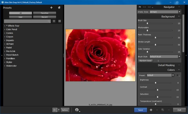 Панели Background, Detail Masking и Colors в Exposure Software Snap Art