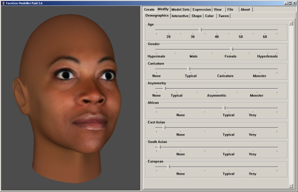 Параметры лица и трёхмерное окно FaceGen Modeller