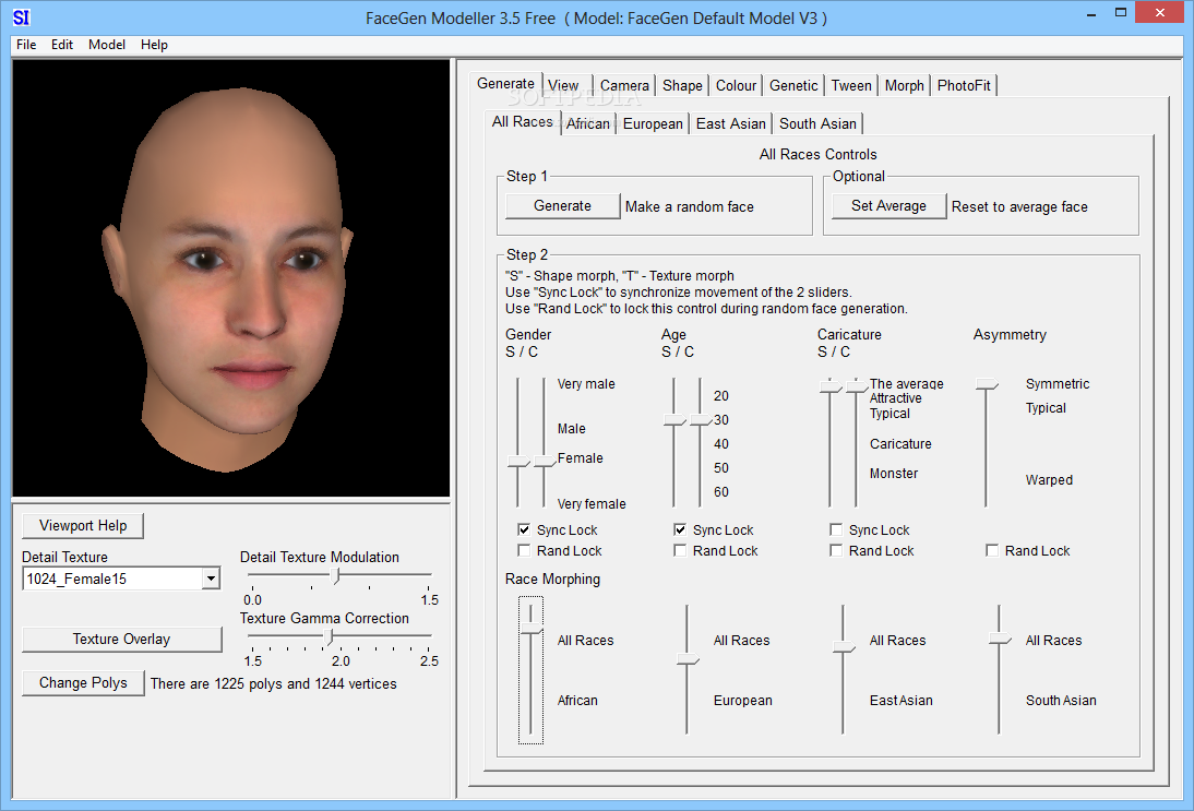 Случайная генерация и базовые регуляторы FaceGen Modeller