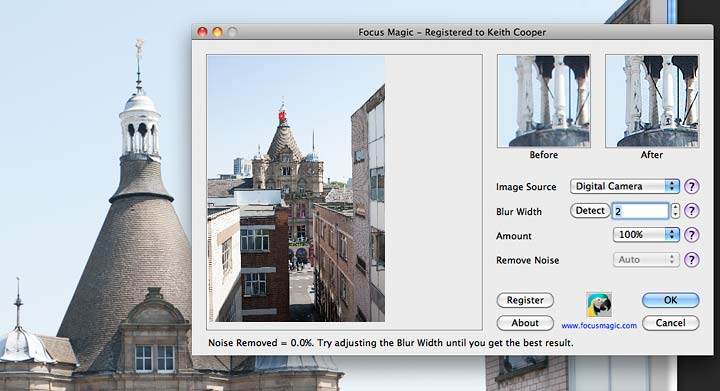 Диалог Focus Magic с настройкой Blur Width для коррекции фокуса