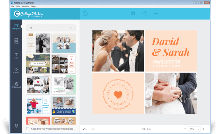 Редактор FotoJet Collage Maker с готовым шаблоном коллажа