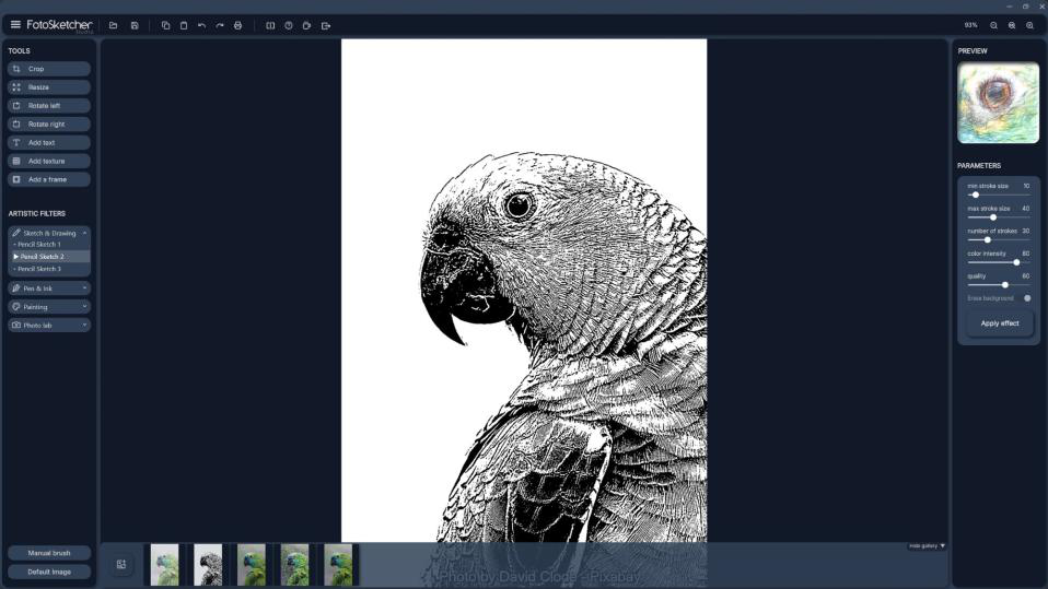 Главное окно FotoSketcher с панелями инструментов, художественных фильтров и параметров