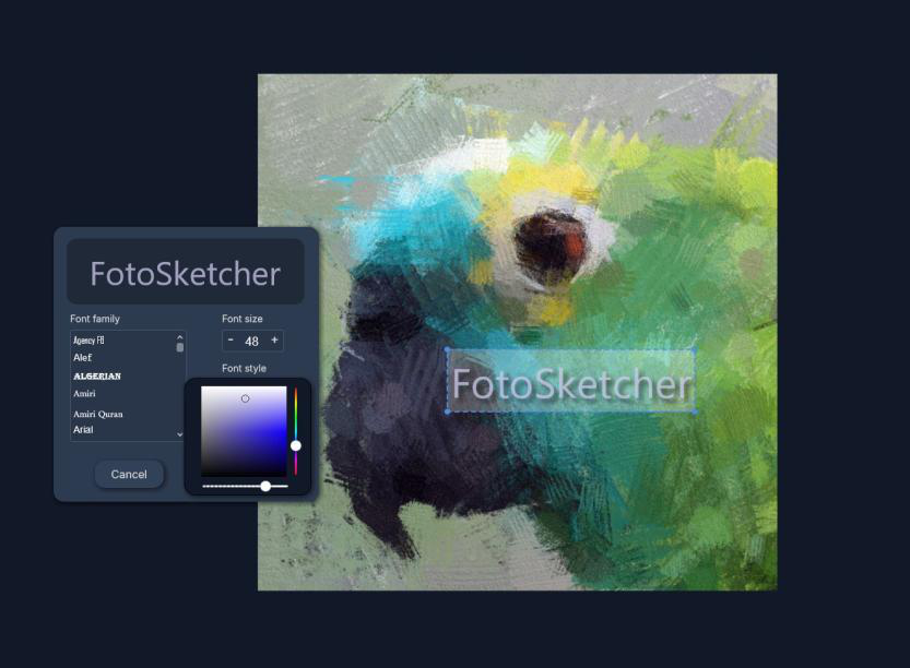 Инструмент текста FotoSketcher с выбором шрифта и параметров