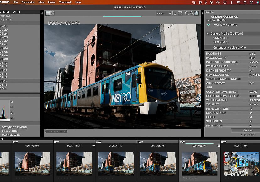 Основное окно Fujifilm X RAW Studio с фотографией и панелями обработки