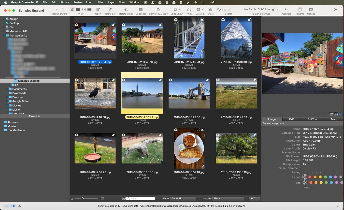 Браузер GraphicConverter с миниатюрами и панелью свойств
