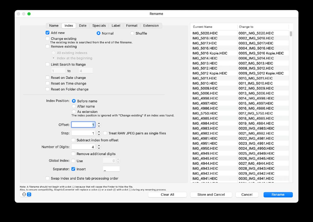 Расширенное пакетное переименование файлов в GraphicConverter