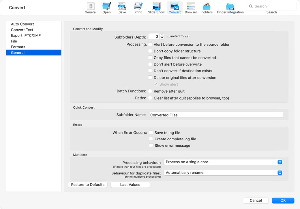 Общие параметры пакетного преобразования GraphicConverter