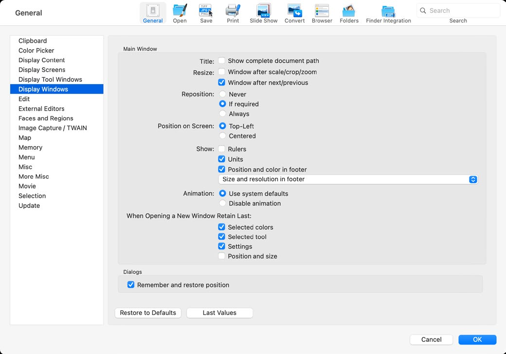 Общие настройки отображения окон GraphicConverter