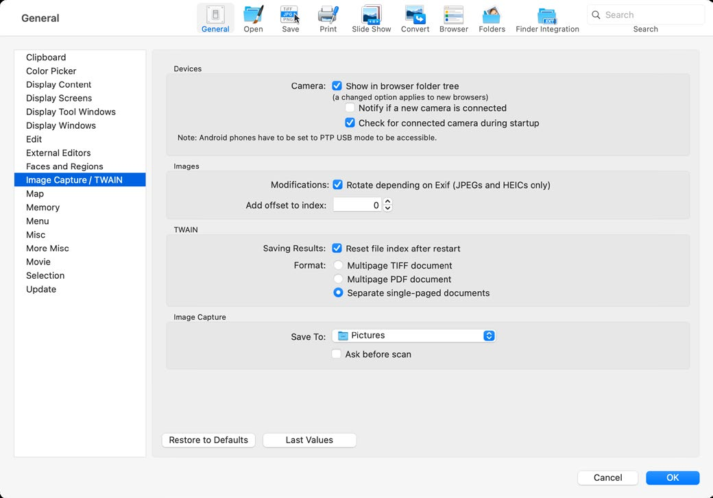 Настройки Image Capture, камеры и сканера в GraphicConverter