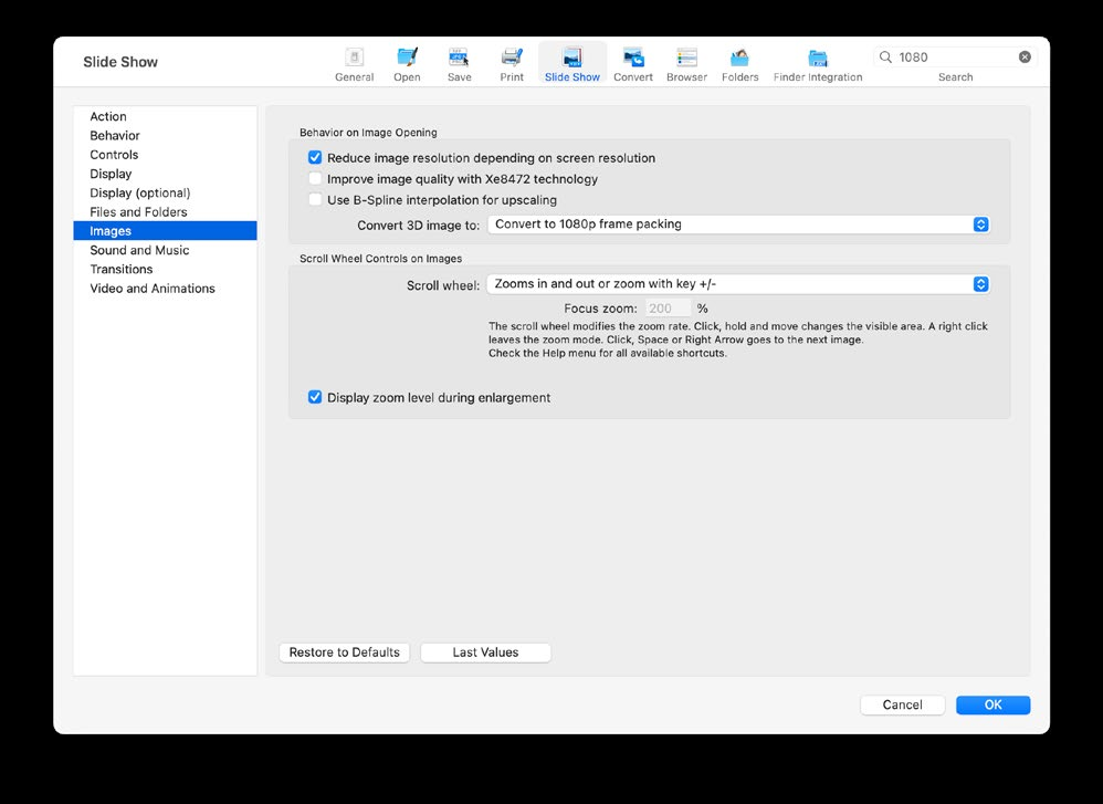 Настройки просмотра изображений в режиме слайд-шоу GraphicConverter