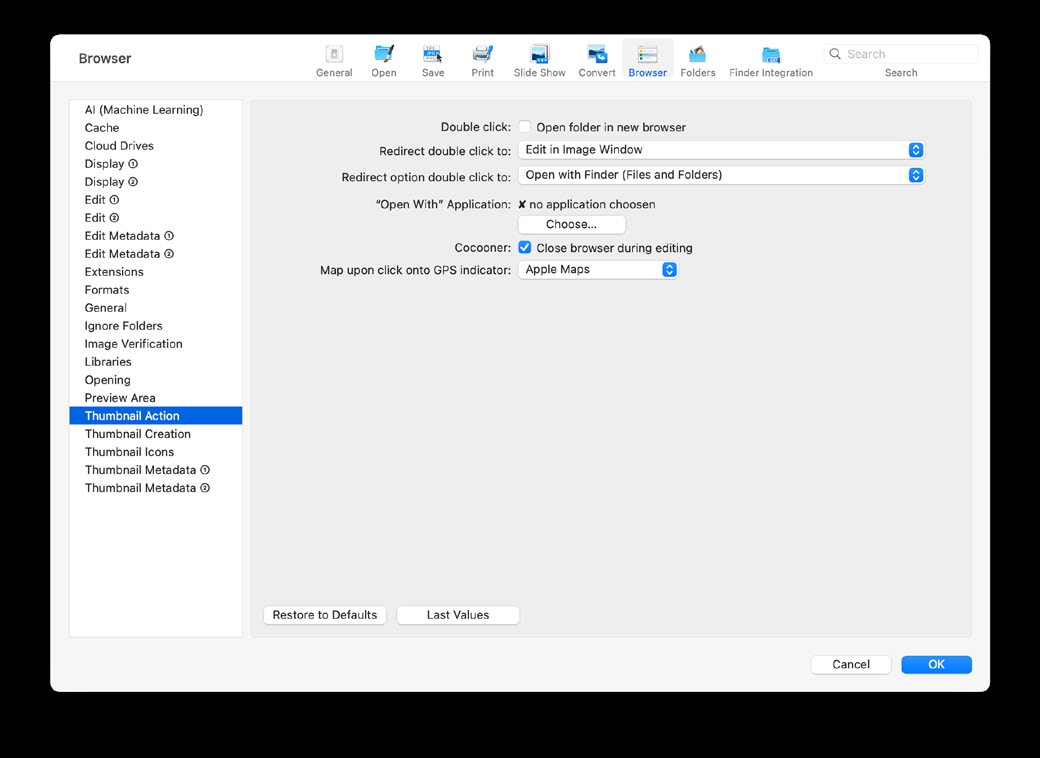 Настройки действий браузера GraphicConverter