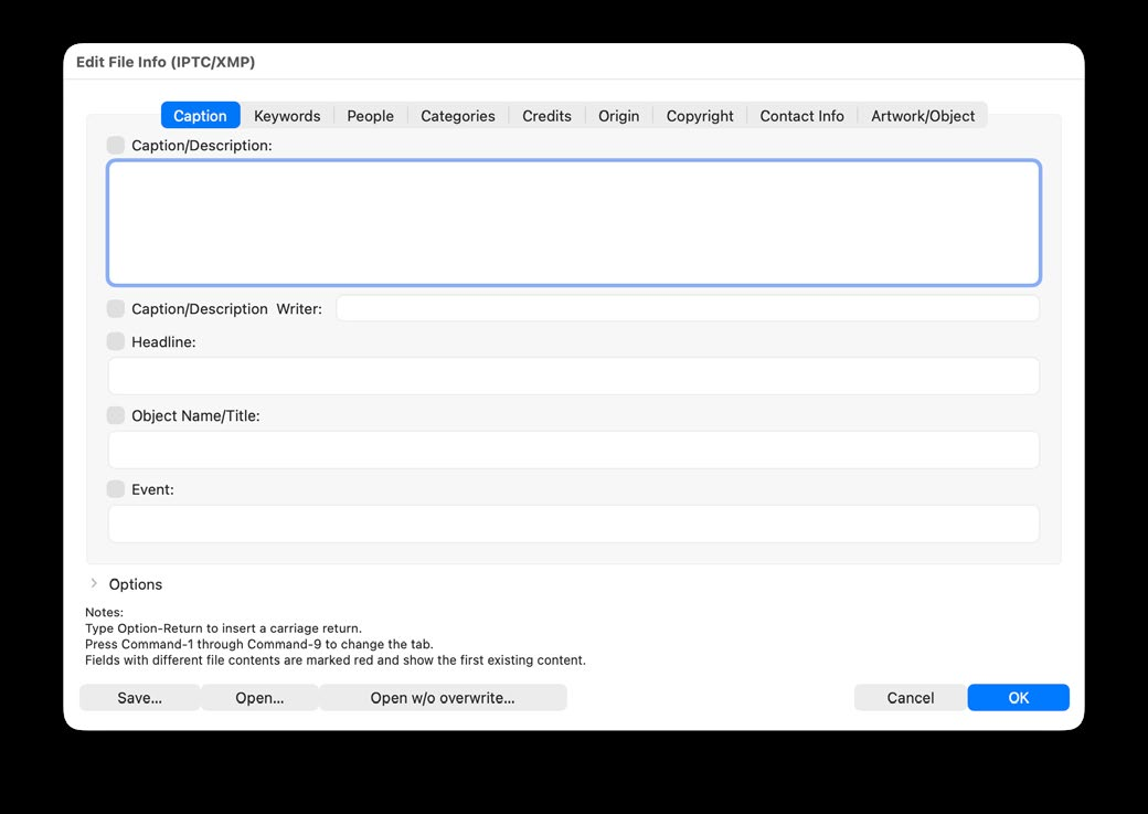 Редактор IPTC и XMP в GraphicConverter