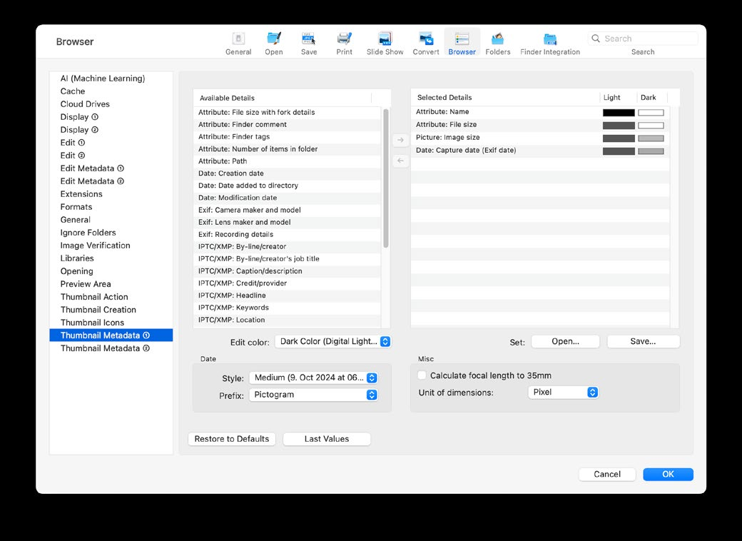 Настройка отображаемых метаданных миниатюр в браузере GraphicConverter