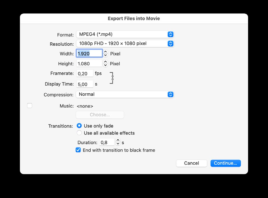 Экспорт последовательности изображений в видео в GraphicConverter