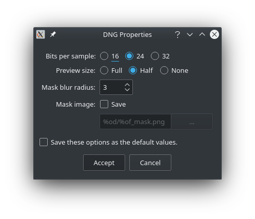 HDRMerge: параметры DNG — 16, 24 или 32 бита, preview и размытие маски