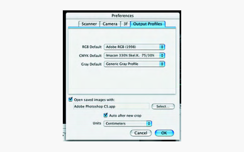 Вкладка Output Profiles окна Preferences Hasselblad FlexColor