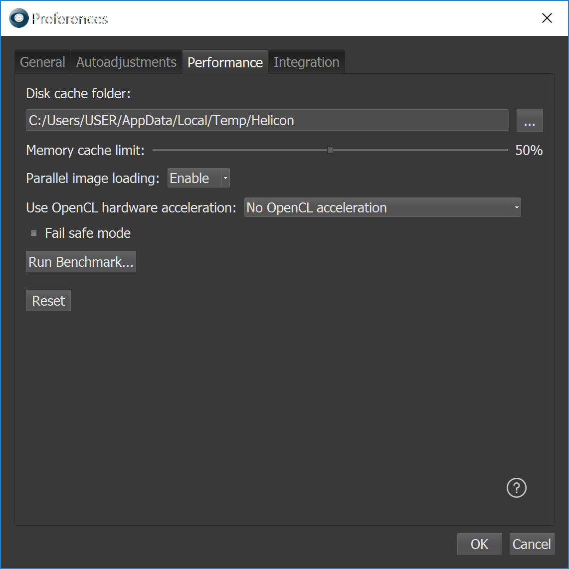 Параметры производительности и OpenCL в Helicon Focus