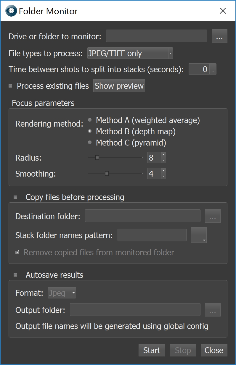 Окно Folder Monitor в Helicon Focus