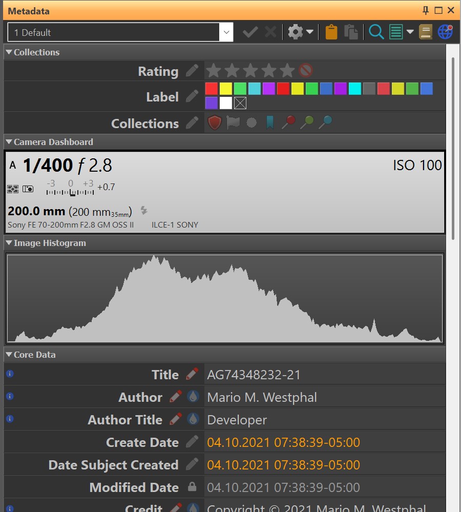 Metadata Panel IMatch с полями EXIF, IPTC и XMP