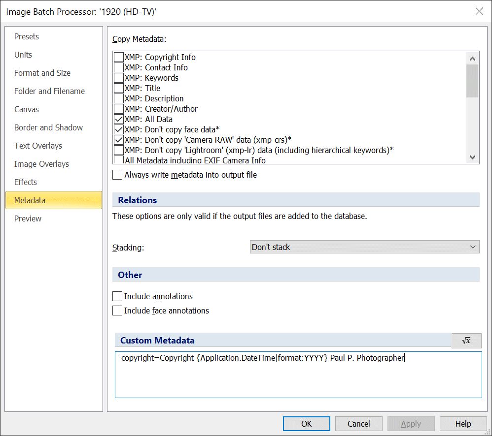 Настройки метаданных в Batch Processor IMatch