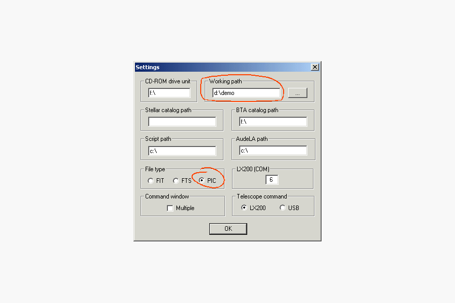 Окно Settings IRIS с параметрами рабочего каталога и формата