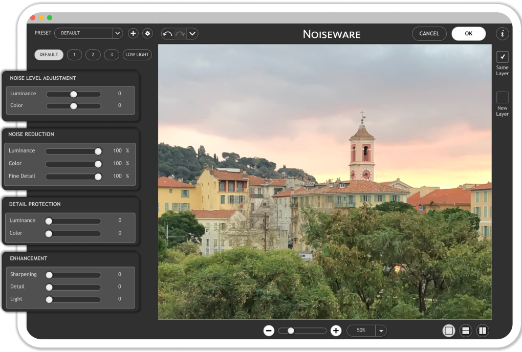 Основное окно Noiseware с параметрами шумоподавления и предпросмотром