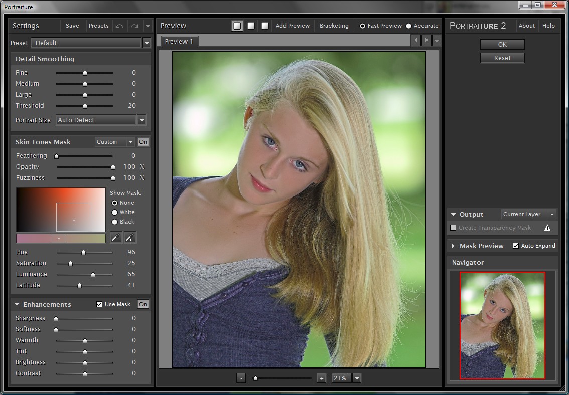 Окно Portraiture с портретом и панелями настроек