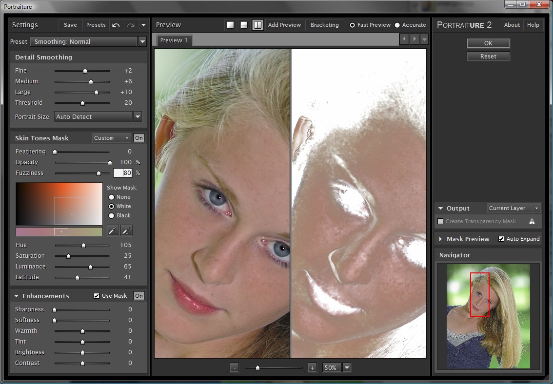 Предпросмотр маски и кожи в Portraiture