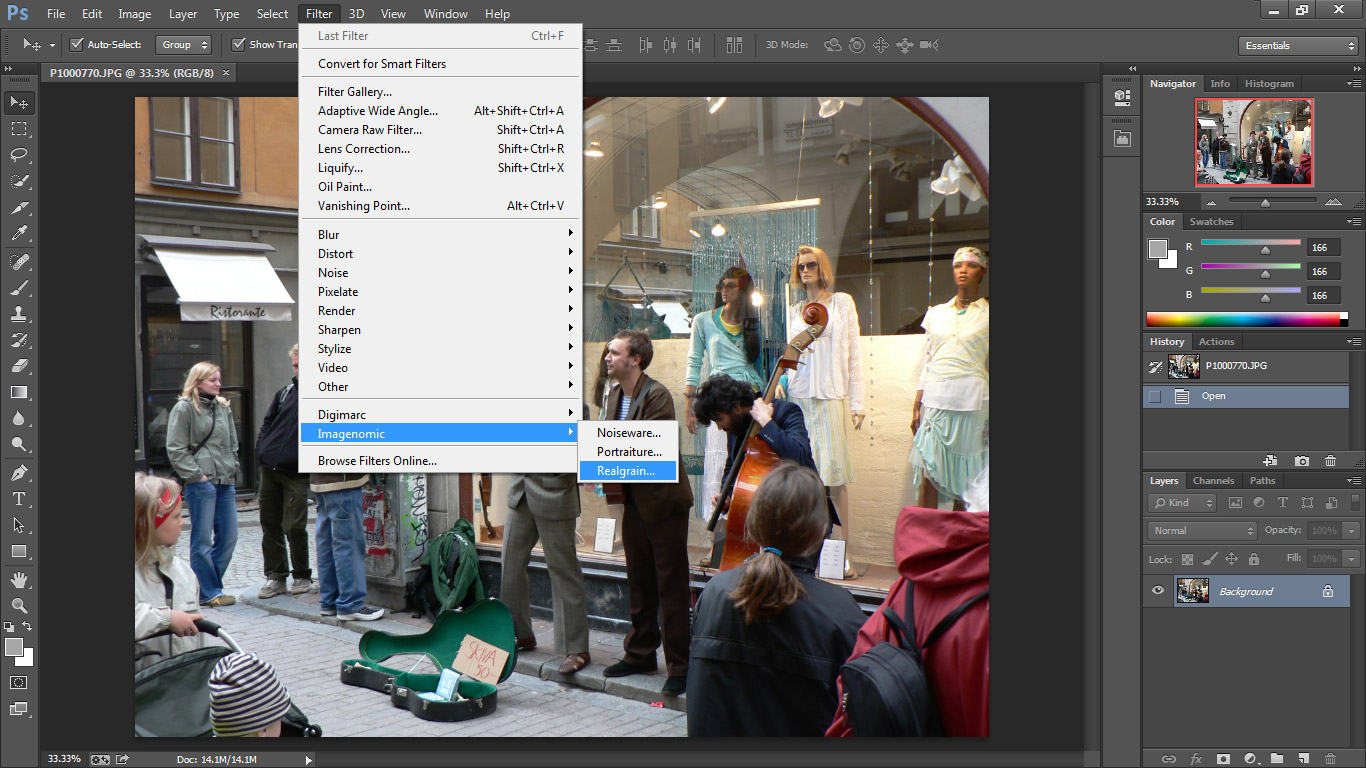 RealGrain в меню фильтров Imagenomic в Adobe Photoshop