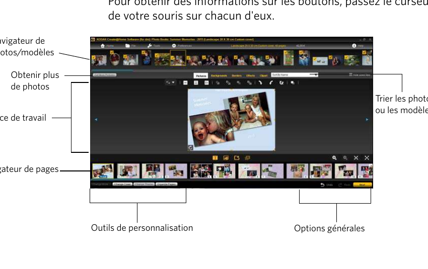 Основные зоны рабочего окна Kodak Create@Home Software