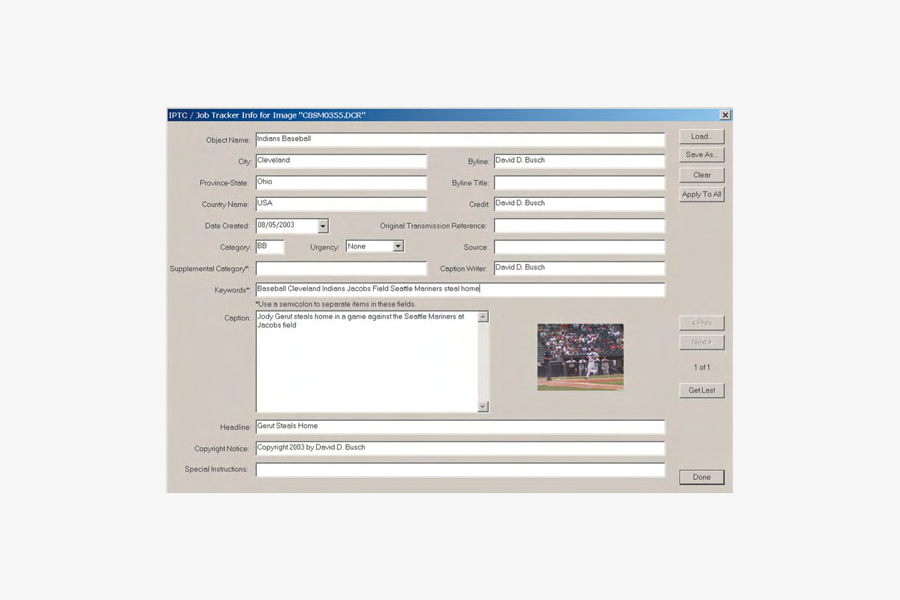 Окно IPTC и Job Tracker в Kodak Professional DCS Photo Desk