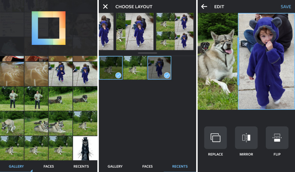Выбор фотографий, макета и редактирование в Layout from Instagram