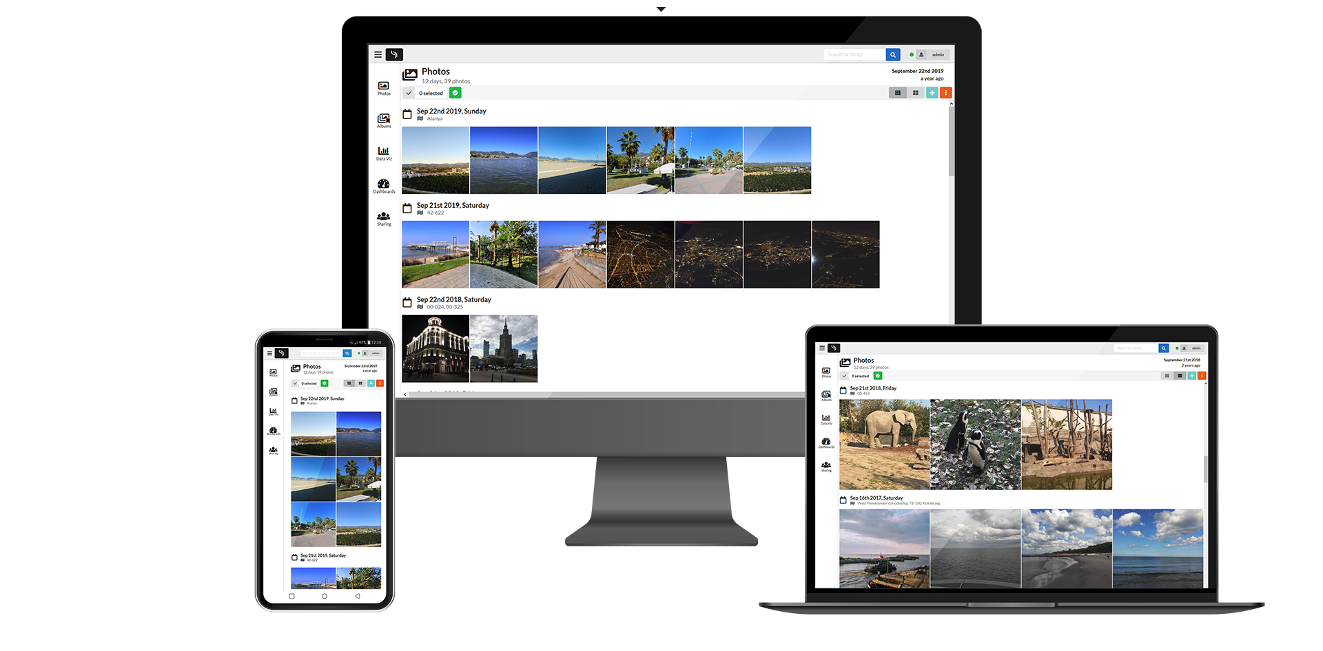 LibrePhotos на большом экране, ноутбуке и мобильном браузере