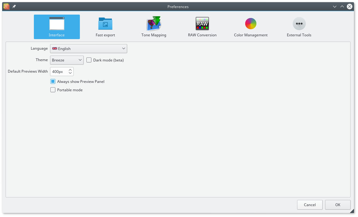 Preferences Interface с языком, темой, шириной preview и Portable mode