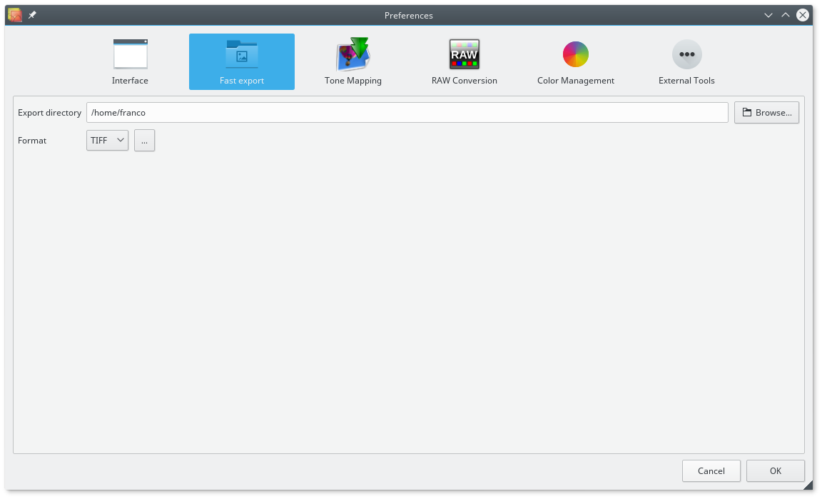 Preferences Fast export с каталогом назначения и форматом TIFF