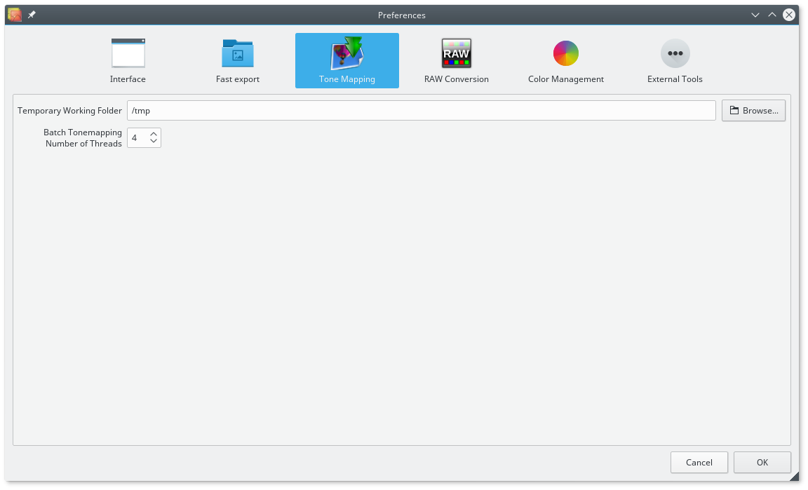 Preferences Tone Mapping с временной папкой и количеством потоков пакетной обработки