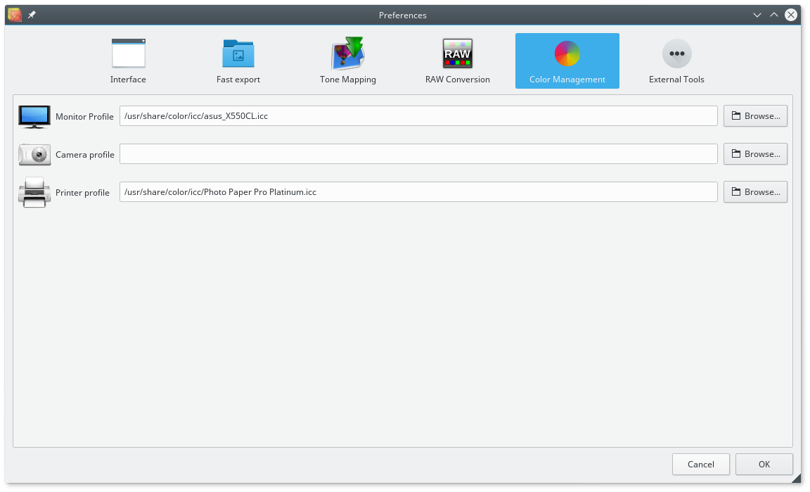 Preferences Color Management с профилями монитора, камеры и принтера