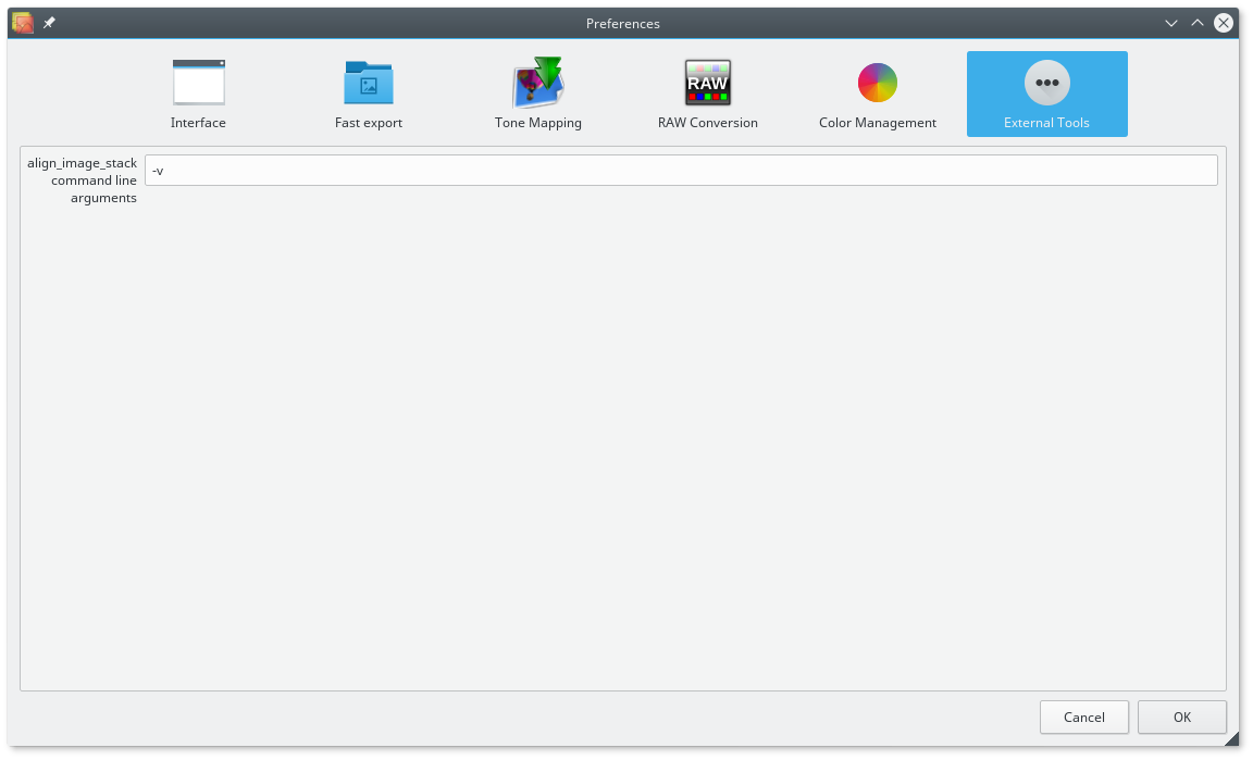 Настройки External Tools для аргументов align_image_stack