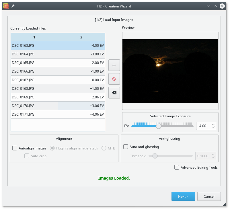 HDR Creation Wizard со списком экспозиций, выравниванием и anti-ghosting