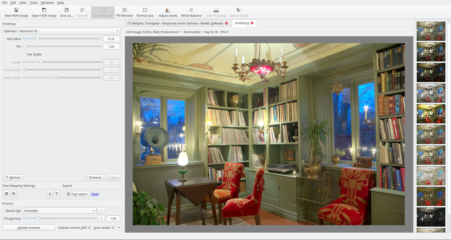 Tone mapping с Reinhard 02, настройками Key Value и Phi и лентой вариантов