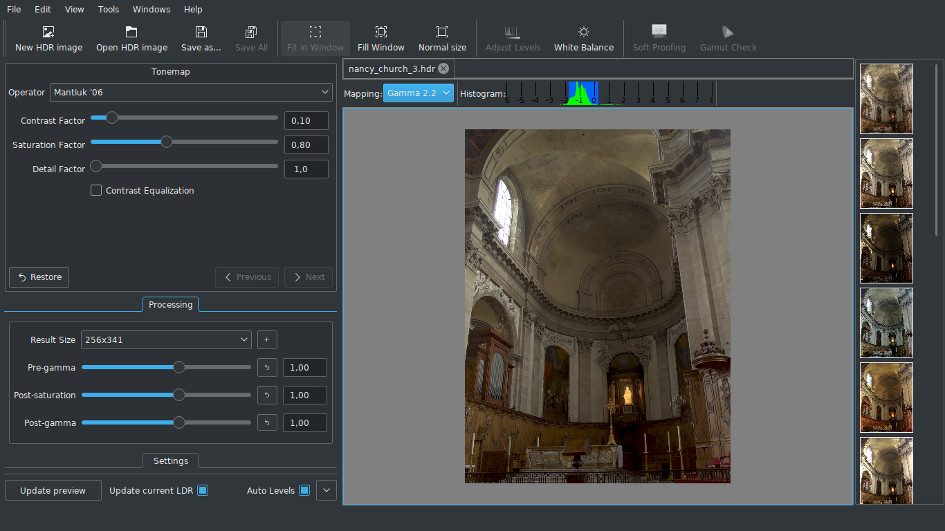 Главное окно Luminance HDR с оператором Mantiuk 06, гистограммой и вариантами tone mapping