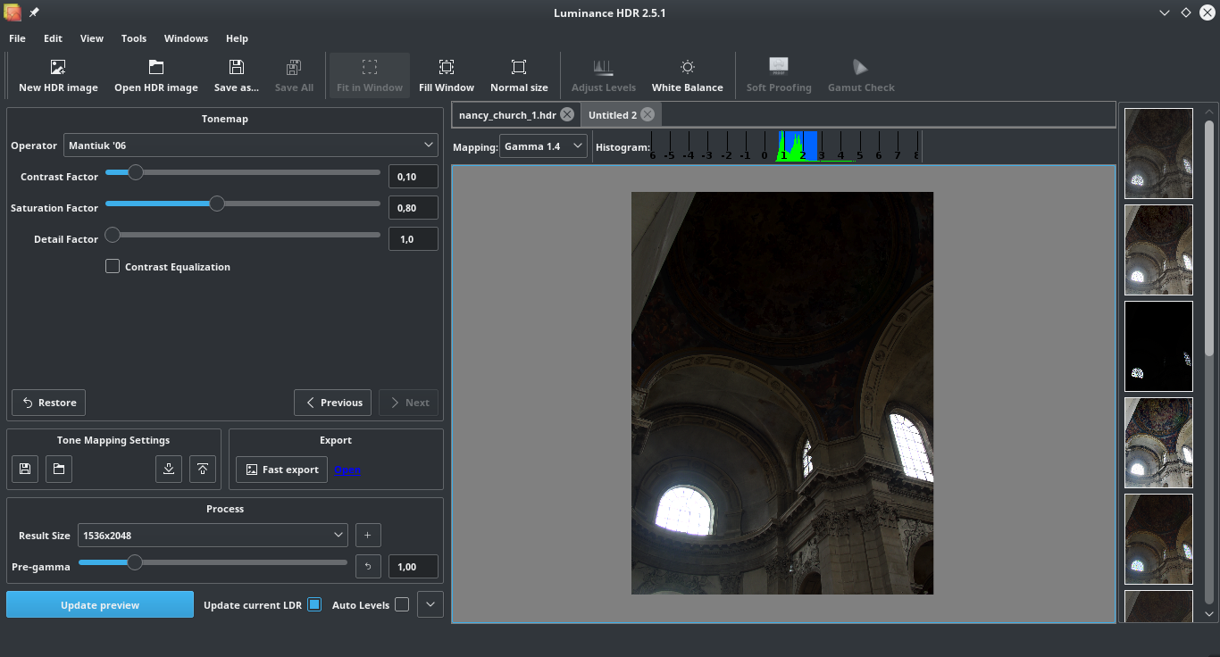Рабочее пространство Luminance HDR с несколькими результатами и панелью Mantiuk 06