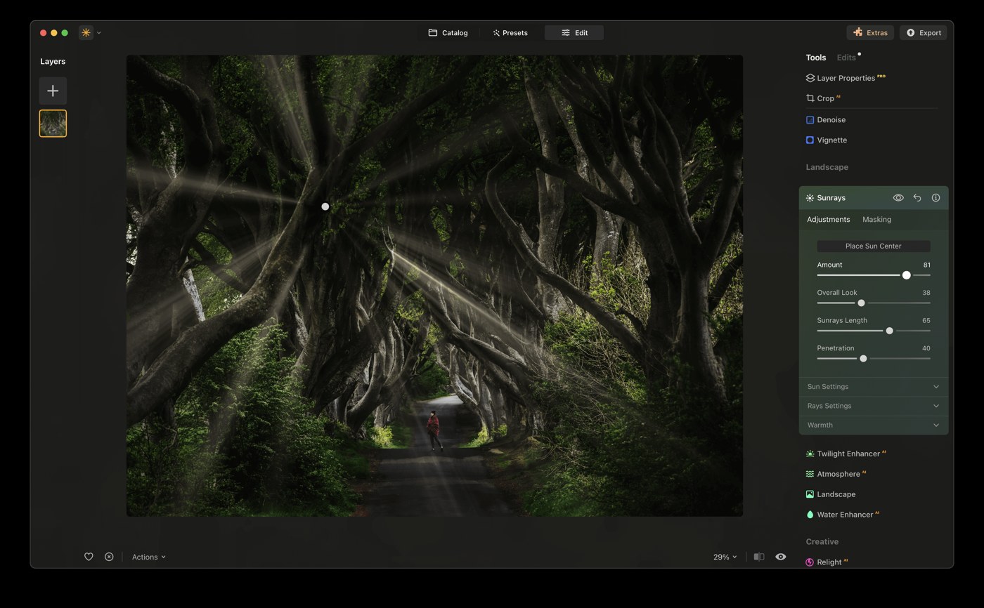 Luminar Neo: Sunrays и размещение источника лучей