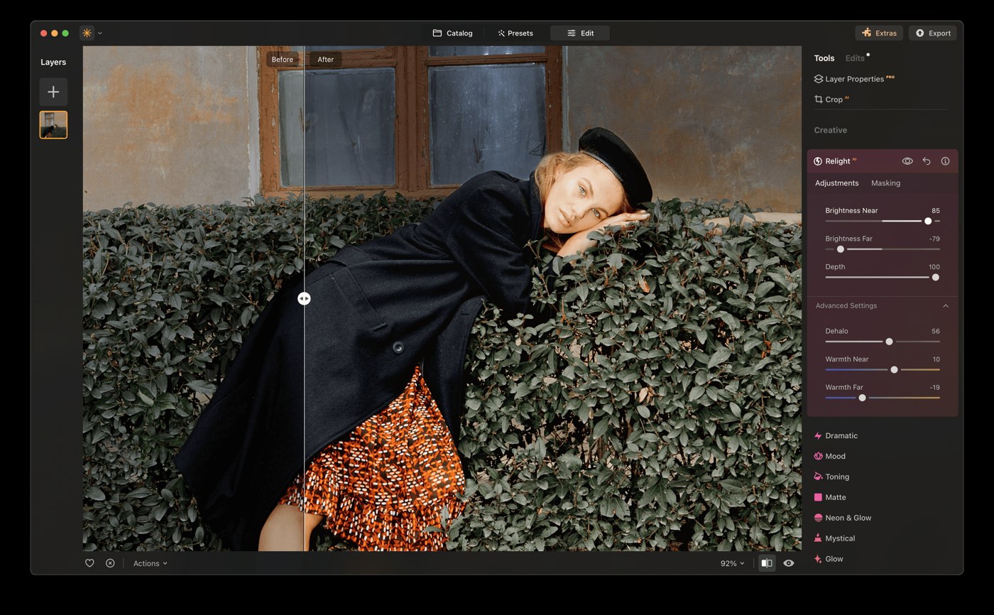 Luminar Neo: Relight AI и раздельная яркость ближнего и дальнего плана