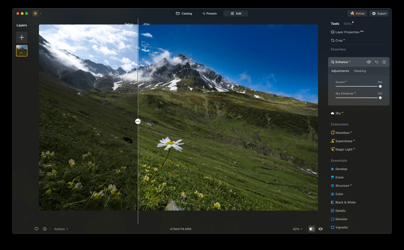 Luminar Neo: рабочее пространство Edit и Enhance AI