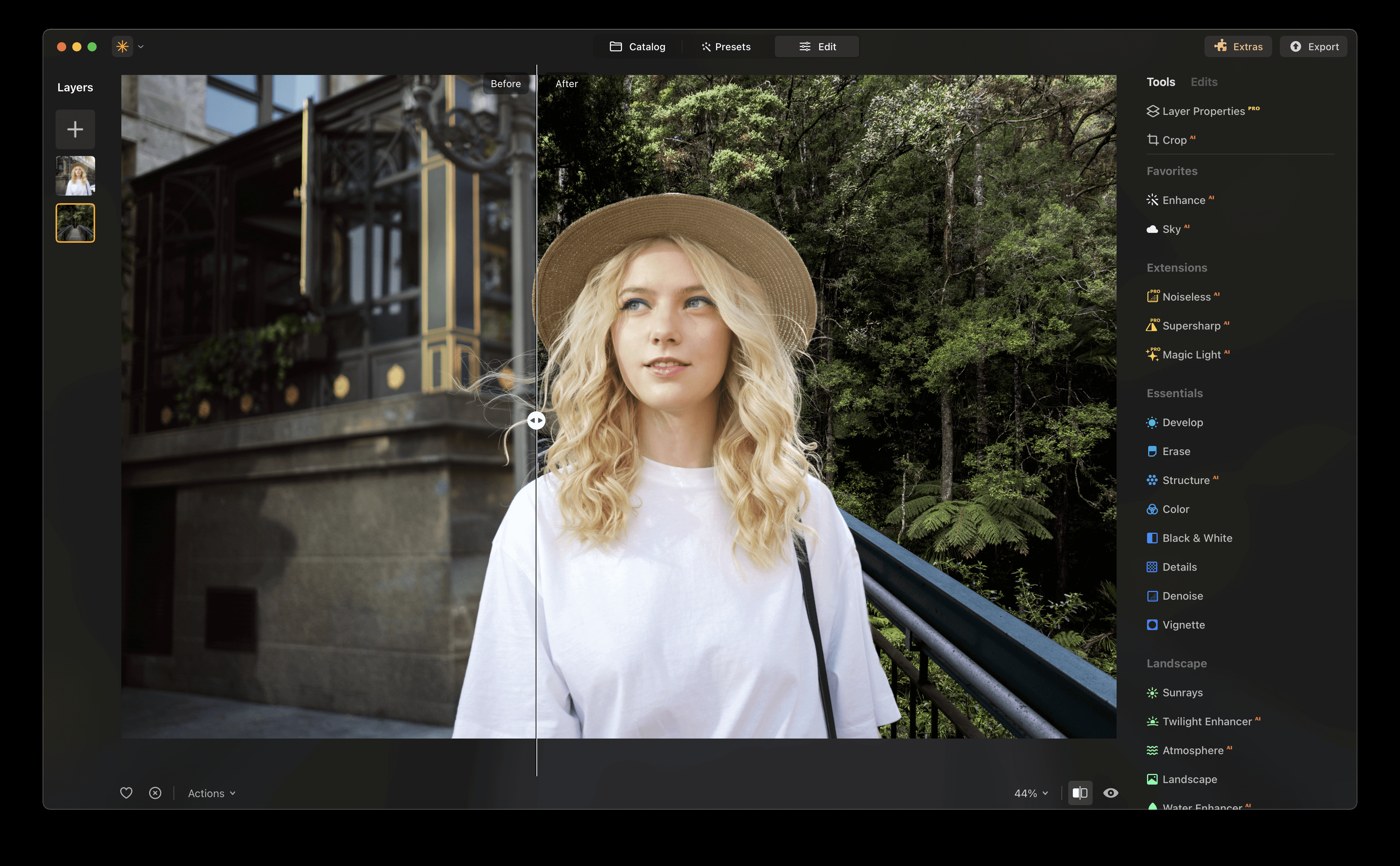 Luminar Neo: работа со слоями при замене фона